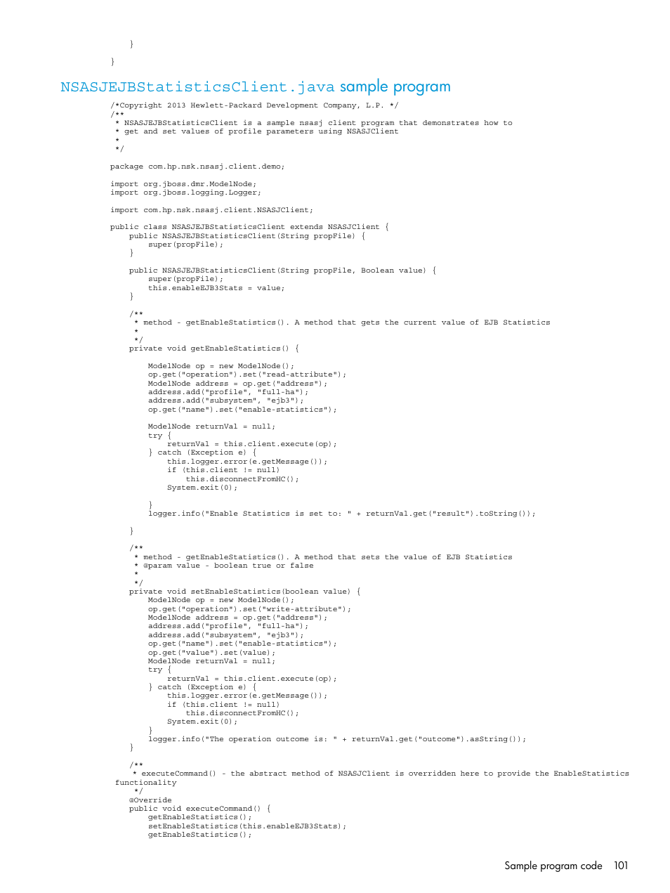 Nsasjejbstatisticsclient.java sample program | HP Integrity NonStop H-Series User Manual | Page 101 / 115