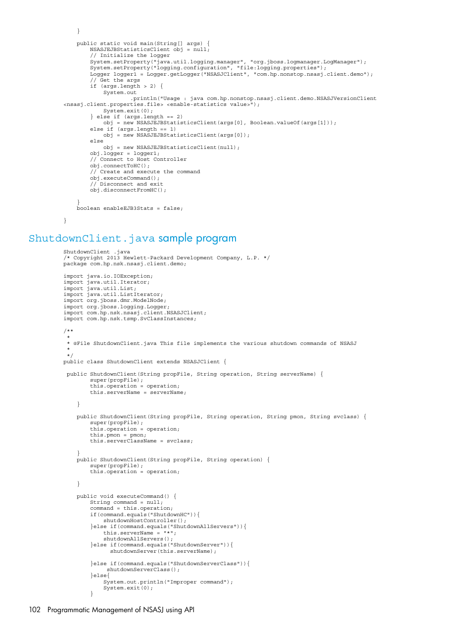 Shutdownclient.java sample program | HP Integrity NonStop H-Series User Manual | Page 102 / 115