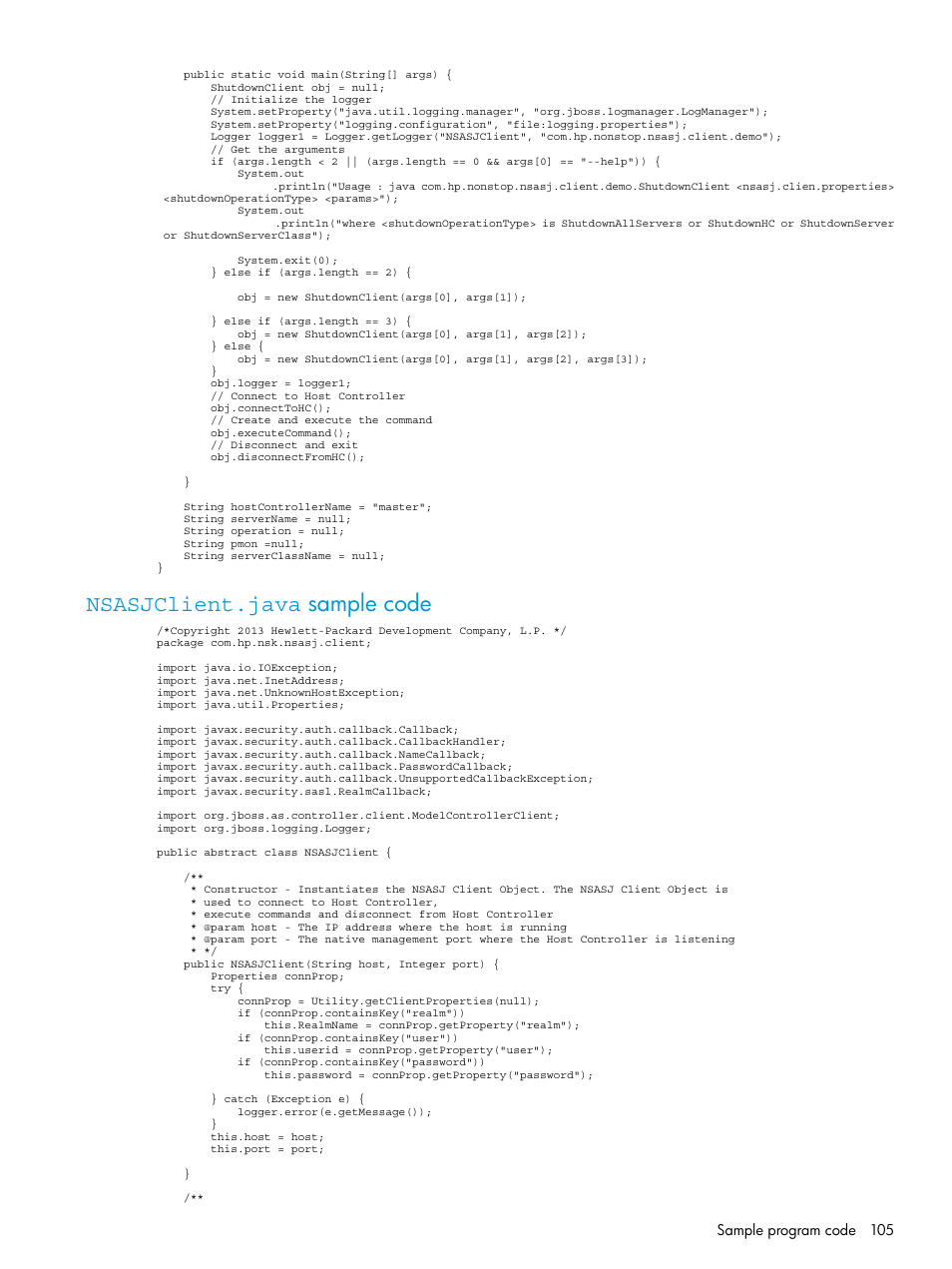 Nsasjclient.java sample code | HP Integrity NonStop H-Series User Manual | Page 105 / 115