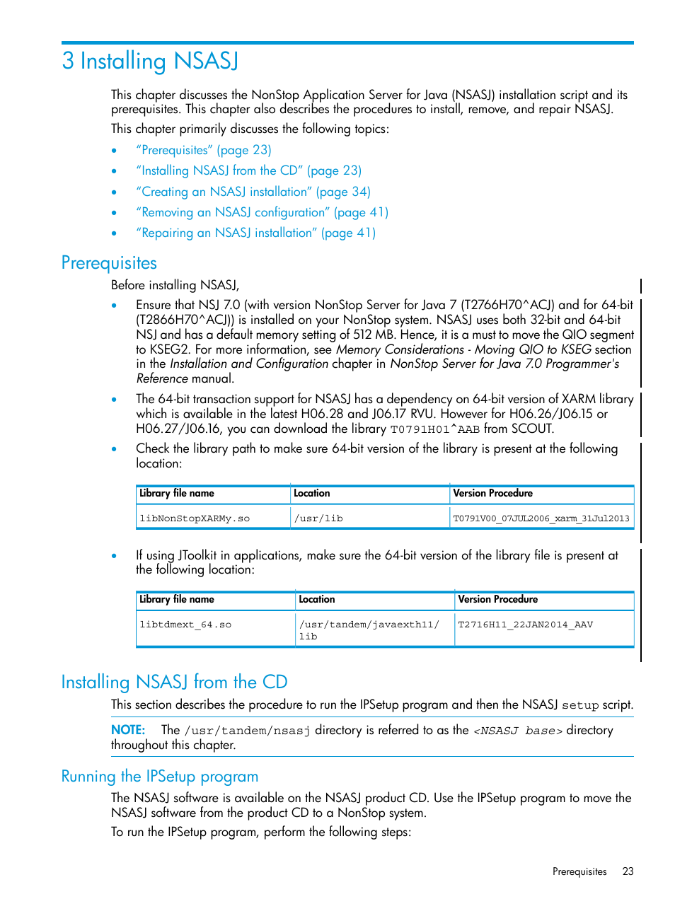 3 installing nsasj, Prerequisites, Installing nsasj from the cd | Running the ipsetup program, Prerequisites installing nsasj from the cd | HP Integrity NonStop H-Series User Manual | Page 23 / 115