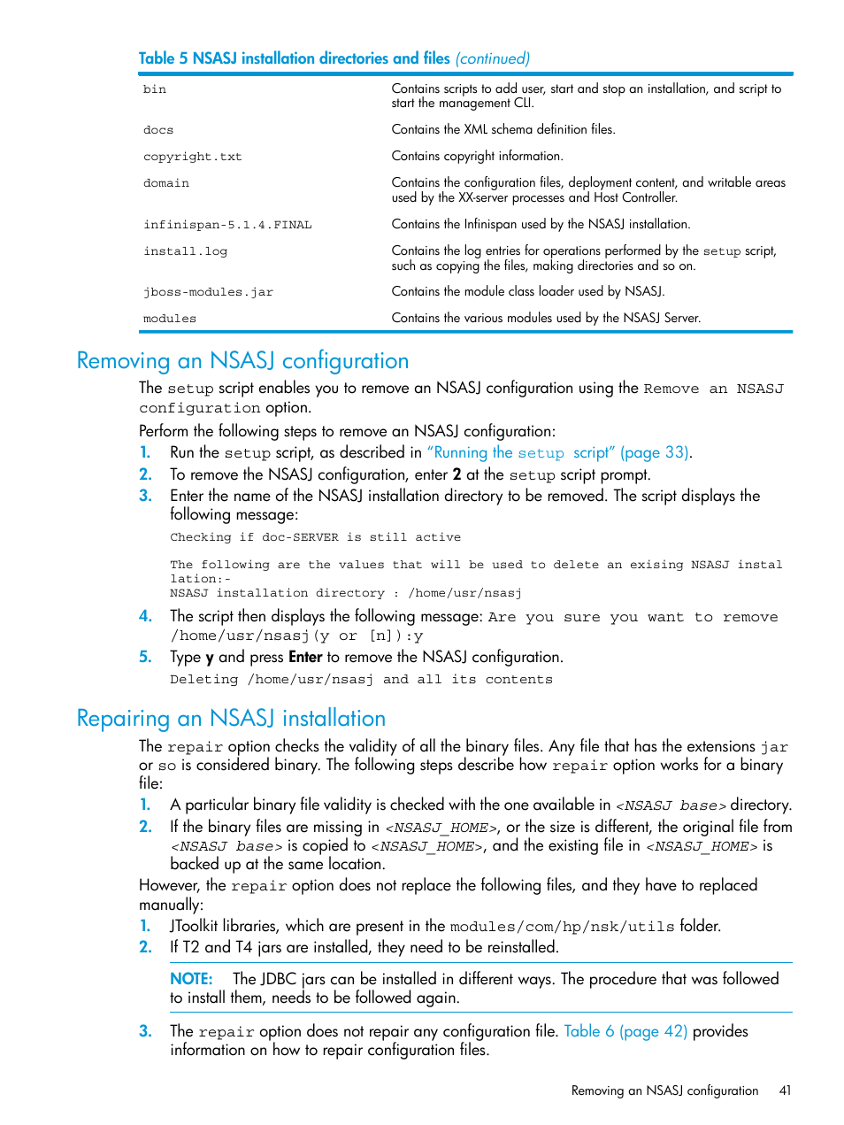 Removing an nsasj configuration, Repairing an nsasj installation | HP Integrity NonStop H-Series User Manual | Page 41 / 115