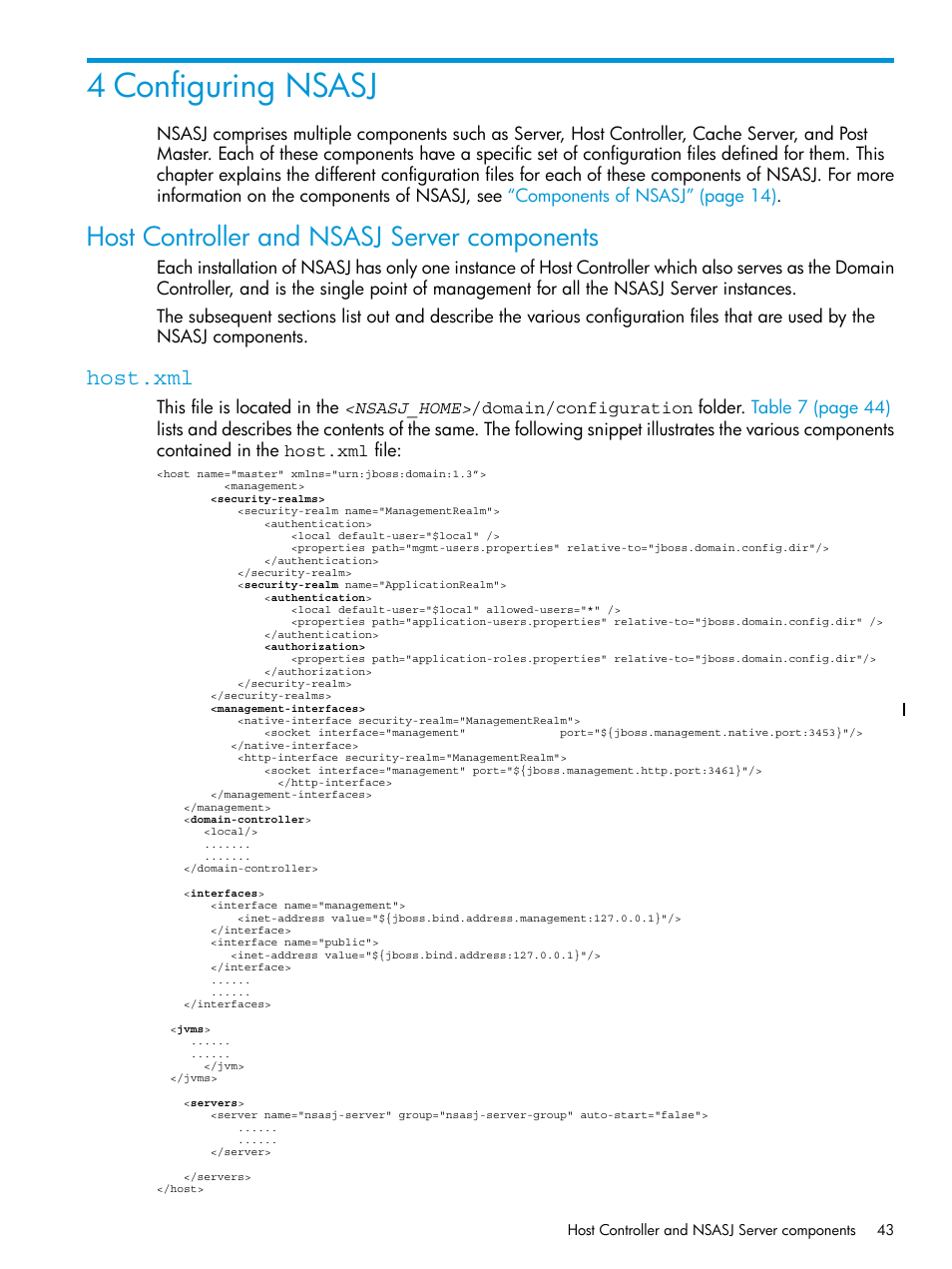 4 configuring nsasj, Host controller and nsasj server components, Host.xml | HP Integrity NonStop H-Series User Manual | Page 43 / 115