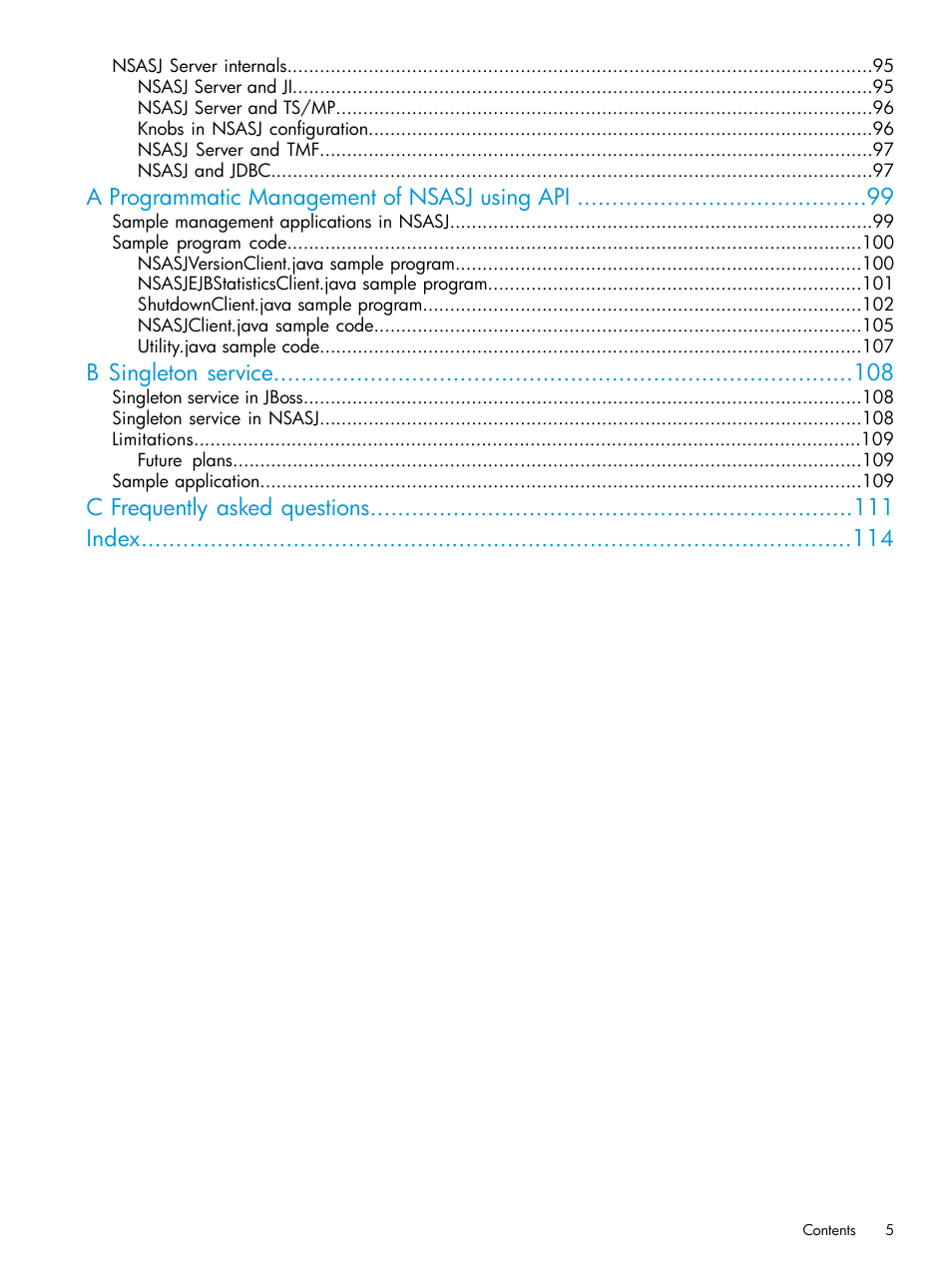 A programmatic management of nsasj using api, B singleton service, C frequently asked questions index | HP Integrity NonStop H-Series User Manual | Page 5 / 115