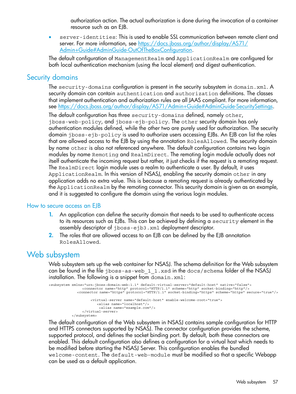 Security domains, How to secure access an ejb, Web subsystem | HP Integrity NonStop H-Series User Manual | Page 57 / 115