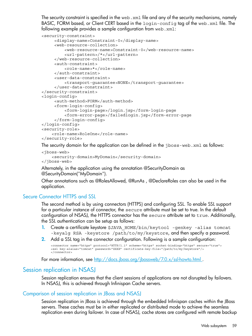 Secure connector https and ssl, Session replication in nsasj | HP Integrity NonStop H-Series User Manual | Page 59 / 115