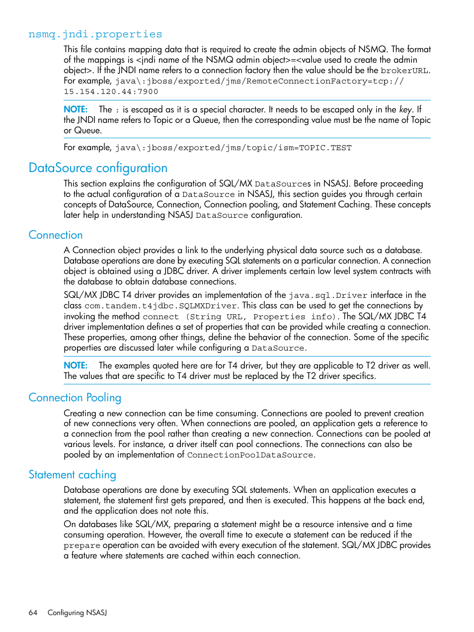 Nsmq.jndi.properties, Datasource configuration, Connection | Connection pooling, Statement caching, Connection connection pooling statement caching | HP Integrity NonStop H-Series User Manual | Page 64 / 115