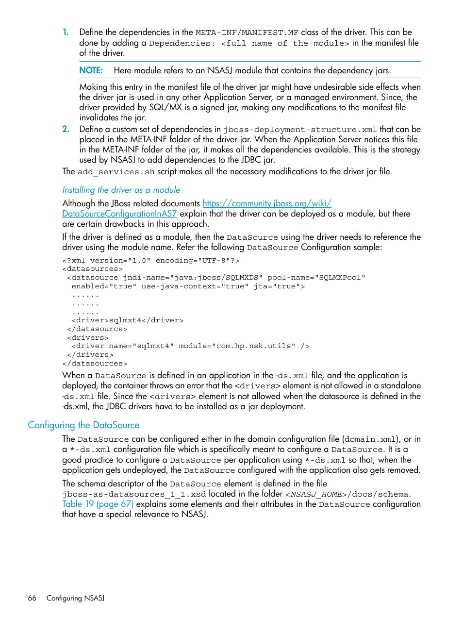 Installing the driver as a module, Configuring the datasource | HP Integrity NonStop H-Series User Manual | Page 66 / 115