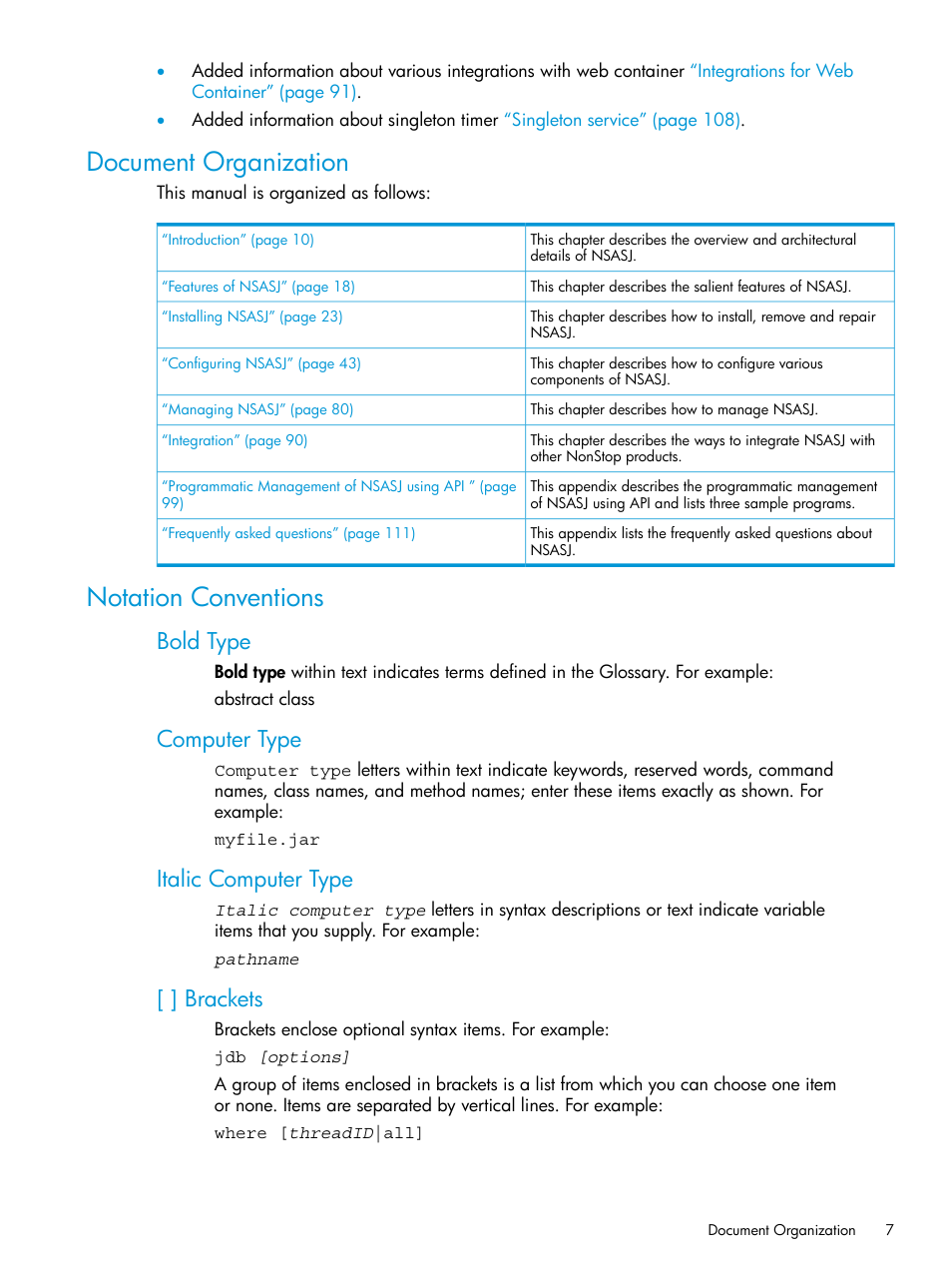 Document organization, Notation conventions, Document organization notation conventions | Bold type, Computer type, Italic computer type, Brackets | HP Integrity NonStop H-Series User Manual | Page 7 / 115