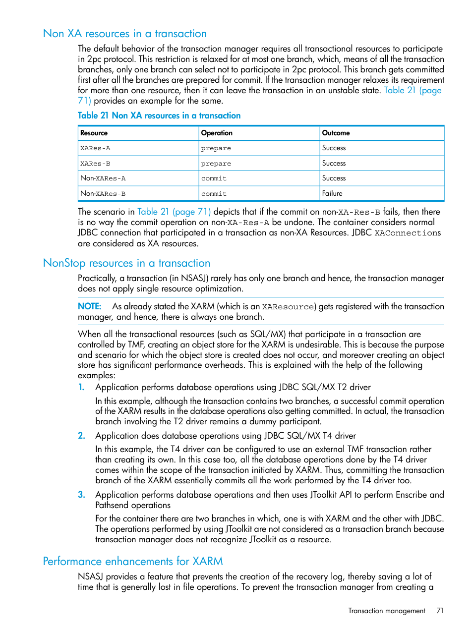 Non xa resources in a transaction, Nonstop resources in a transaction, Performance enhancements for xarm | HP Integrity NonStop H-Series User Manual | Page 71 / 115