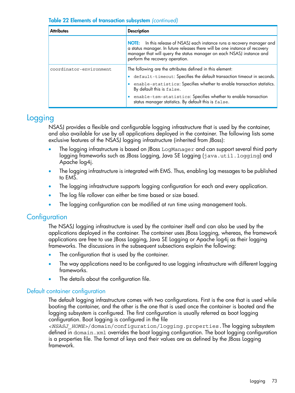 Logging, Configuration, Default container configuration | HP Integrity NonStop H-Series User Manual | Page 73 / 115