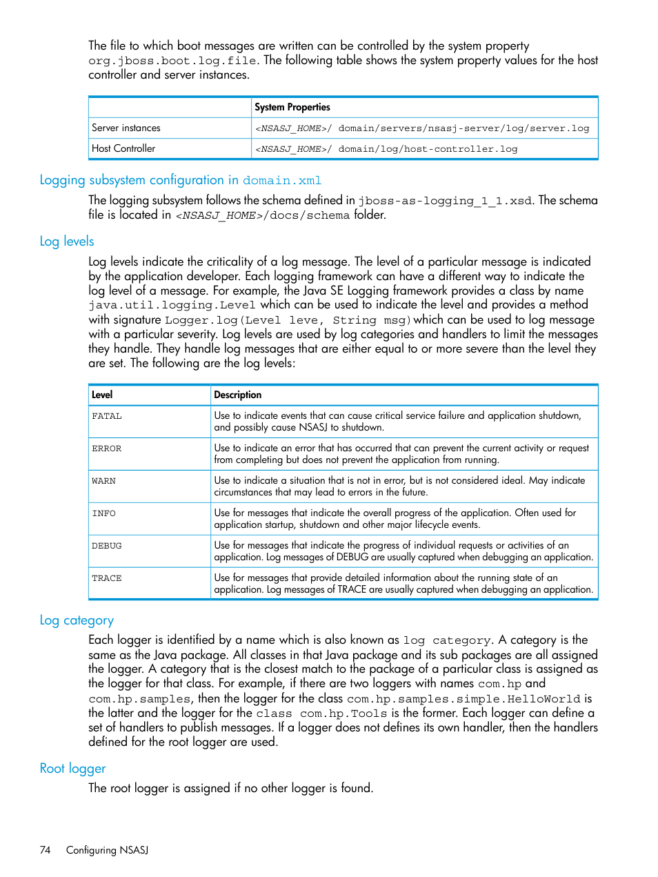 Logging subsystem configuration in domain.xml, Log levels, Log category | Root logger | HP Integrity NonStop H-Series User Manual | Page 74 / 115