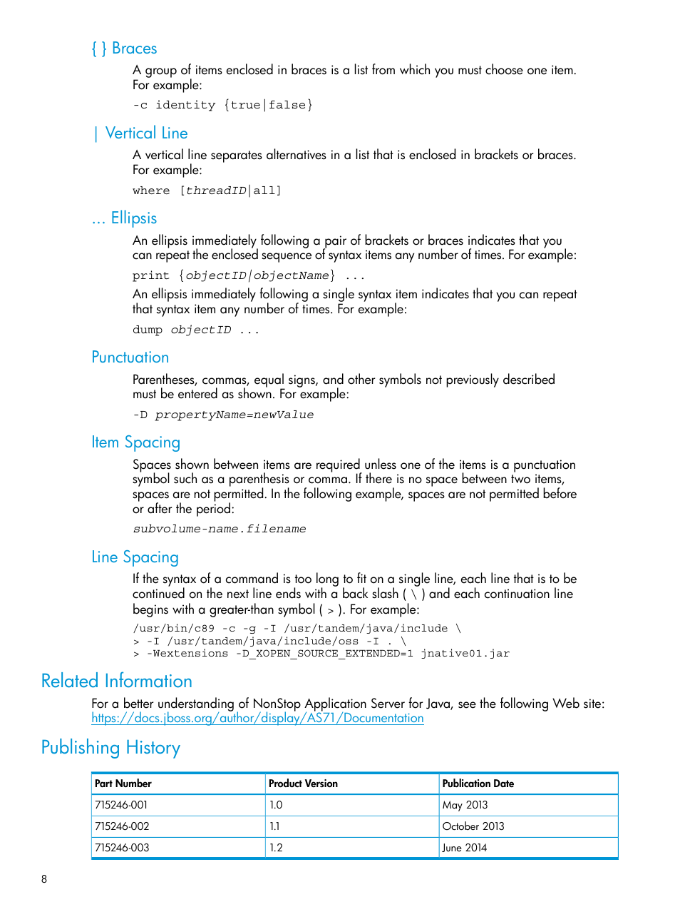 Related information, Publishing history, Related information publishing history | Braces, Vertical line, Ellipsis, Punctuation, Item spacing, Line spacing | HP Integrity NonStop H-Series User Manual | Page 8 / 115