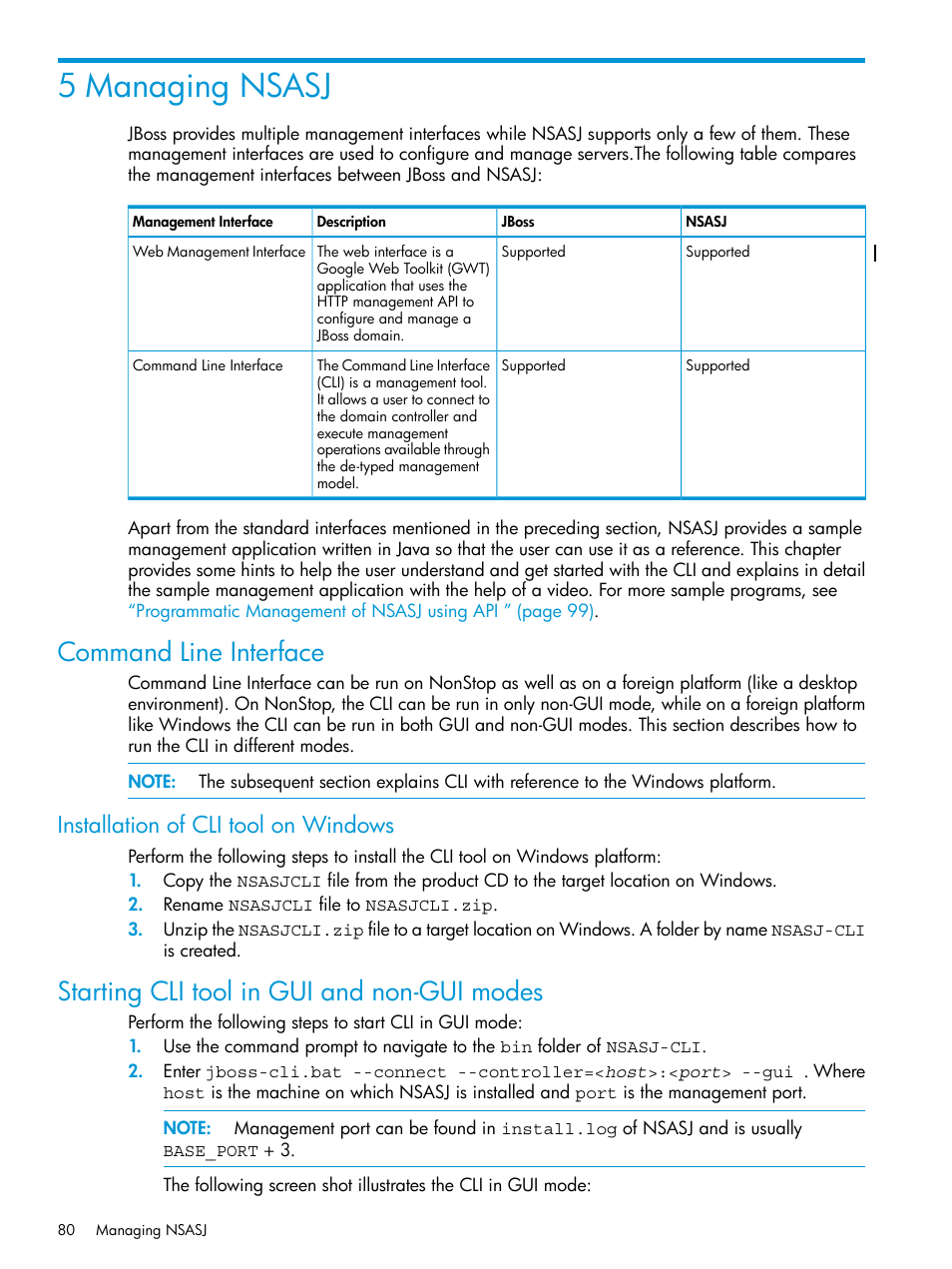 5 managing nsasj, Command line interface, Installation of cli tool on windows | Starting cli tool in gui and non-gui modes | HP Integrity NonStop H-Series User Manual | Page 80 / 115