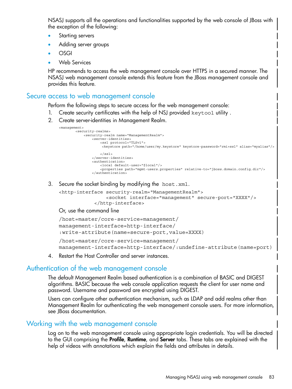 Secure access to web management console, Authentication of the web management console, Working with the web management console | HP Integrity NonStop H-Series User Manual | Page 83 / 115