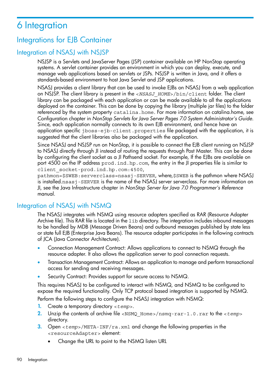 6 integration, Integrations for ejb container, Integration of nsasj with nsjsp | Integration of nsasj with nsmq | HP Integrity NonStop H-Series User Manual | Page 90 / 115