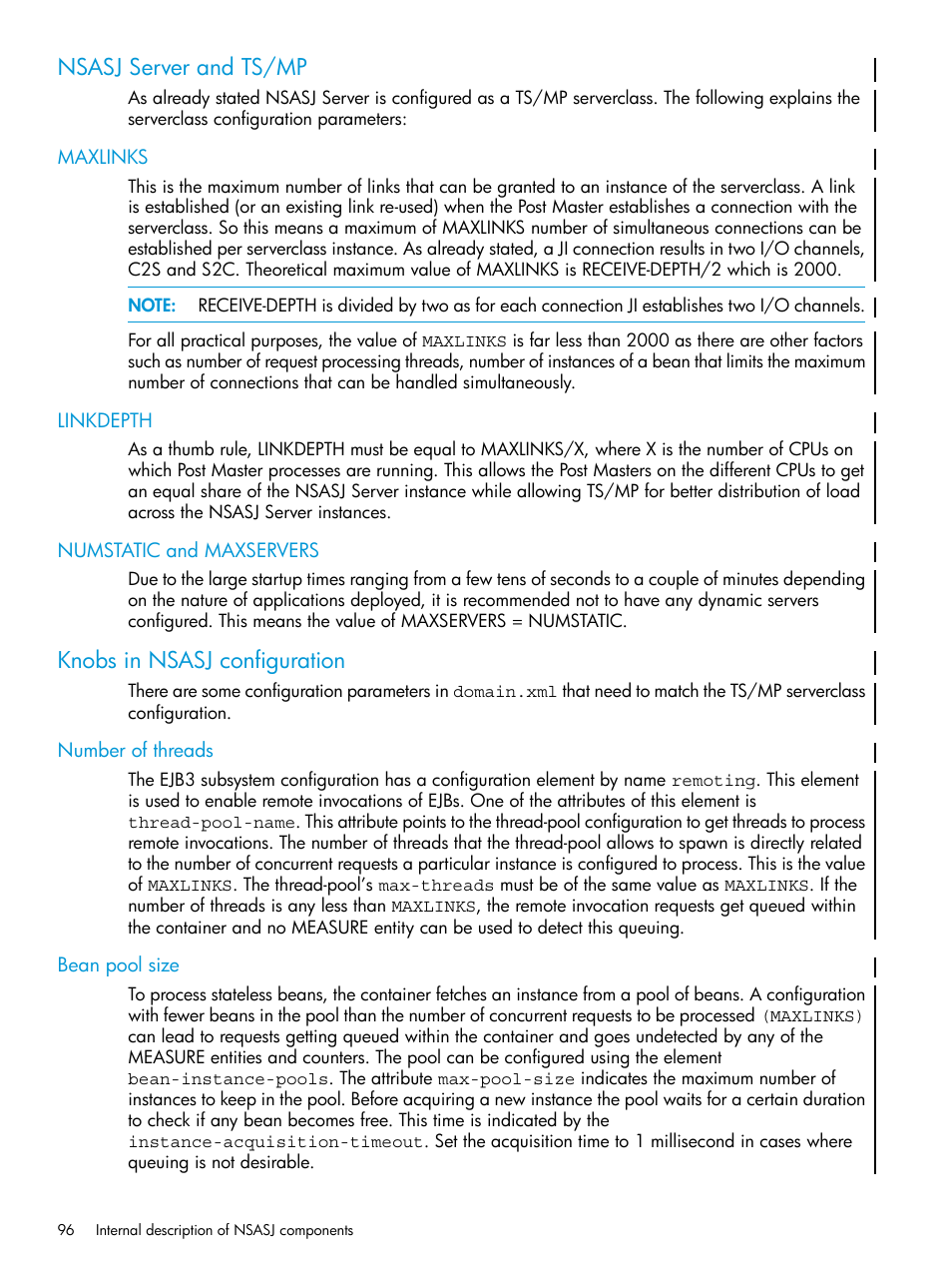 Nsasj server and ts/mp, Maxlinks, Linkdepth | Numstatic and maxservers, Knobs in nsasj configuration, Number of threads, Bean pool size | HP Integrity NonStop H-Series User Manual | Page 96 / 115