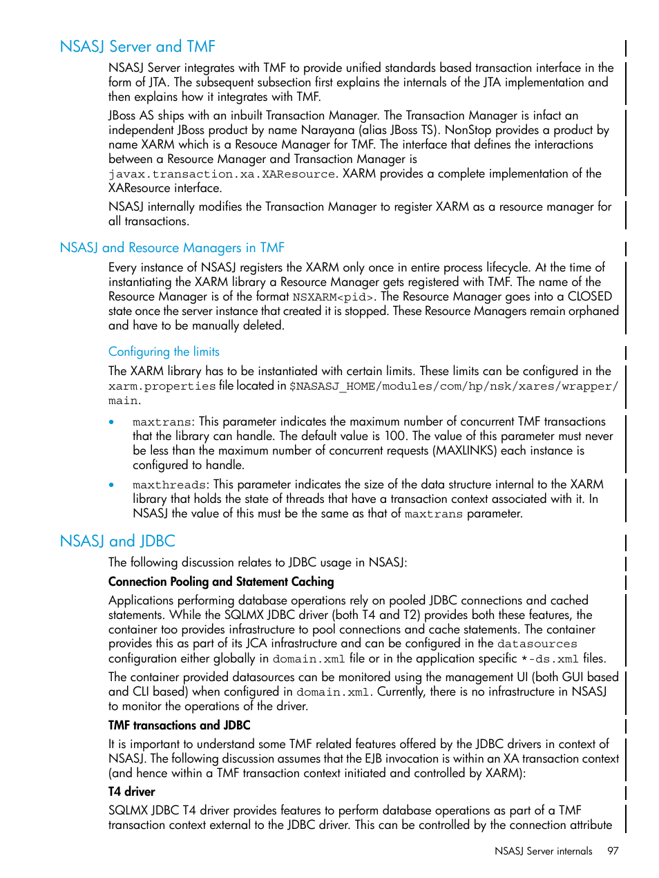 Nsasj server and tmf, Nsasj and resource managers in tmf, Configuring the limits | Nsasj and jdbc, Nsasj server and tmf nsasj and jdbc | HP Integrity NonStop H-Series User Manual | Page 97 / 115