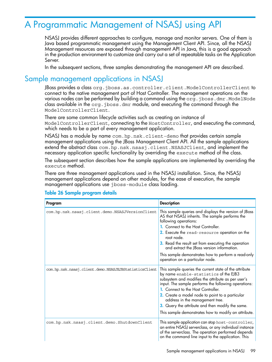 A programmatic management of nsasj using api, Sample management applications in nsasj | HP Integrity NonStop H-Series User Manual | Page 99 / 115