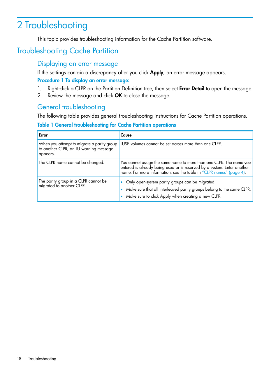 2 troubleshooting, Troubleshooting cache partition, Displaying an error message | General troubleshooting | HP XP7 Storage User Manual | Page 18 / 42