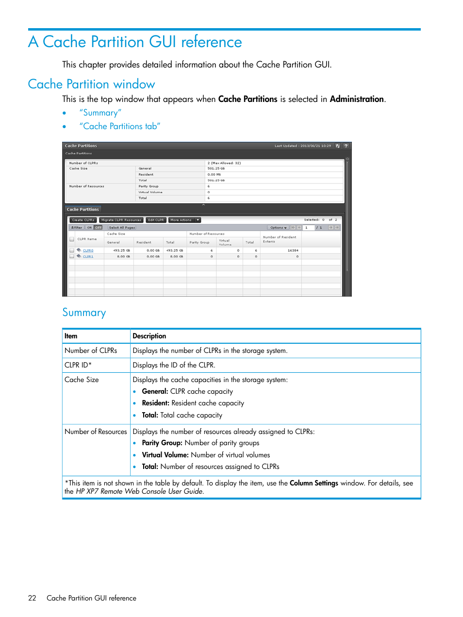 A cache partition gui reference, Cache partition window, Summary | HP XP7 Storage User Manual | Page 22 / 42