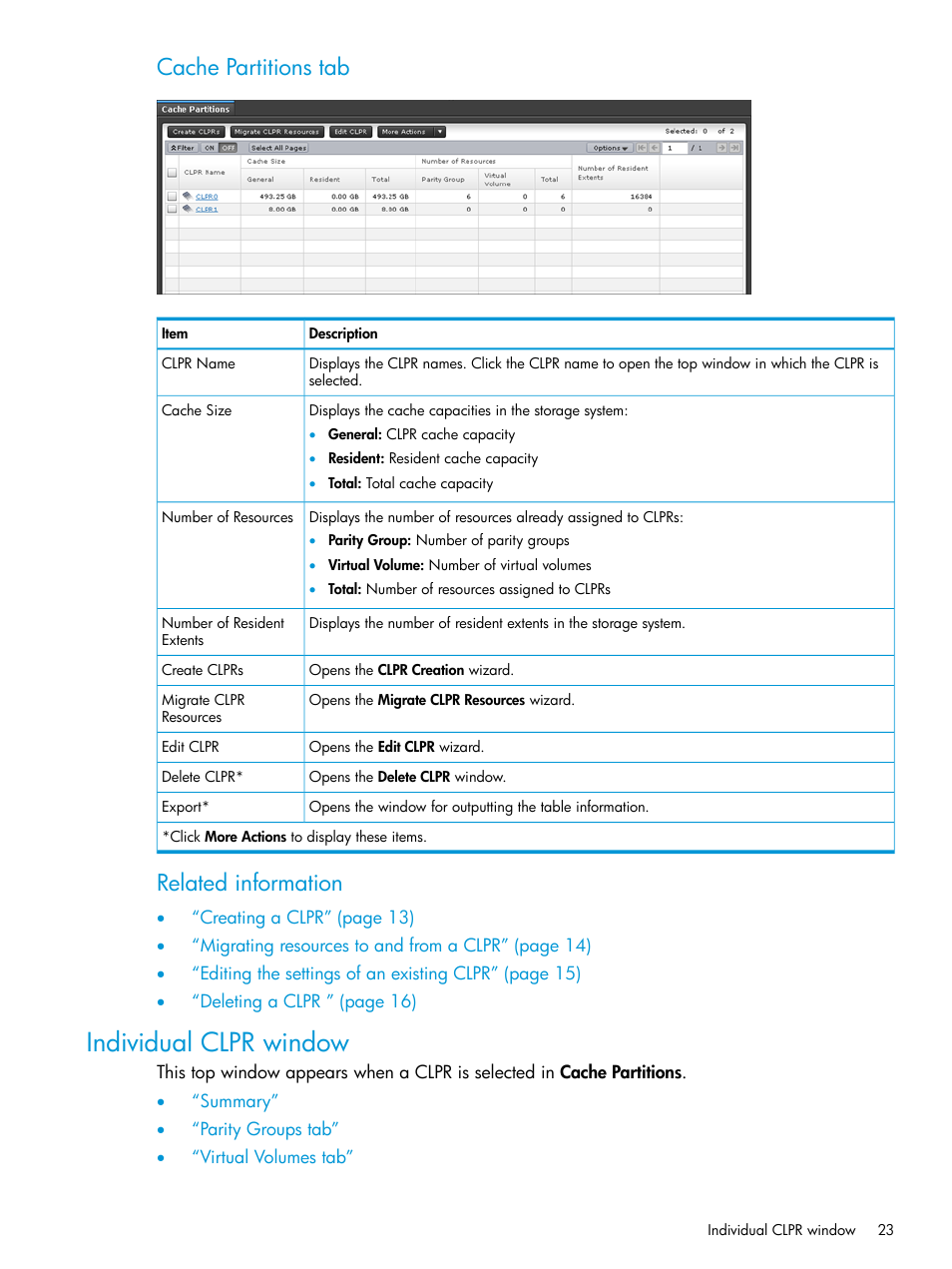 Individual clpr window, Cache partitions tab, Related information | HP XP7 Storage User Manual | Page 23 / 42
