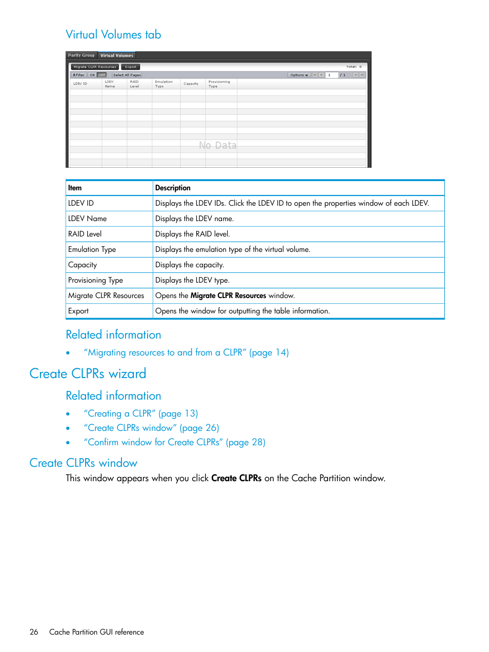 Create clprs wizard, Create clprs window, Virtual volumes tab | Related information | HP XP7 Storage User Manual | Page 26 / 42