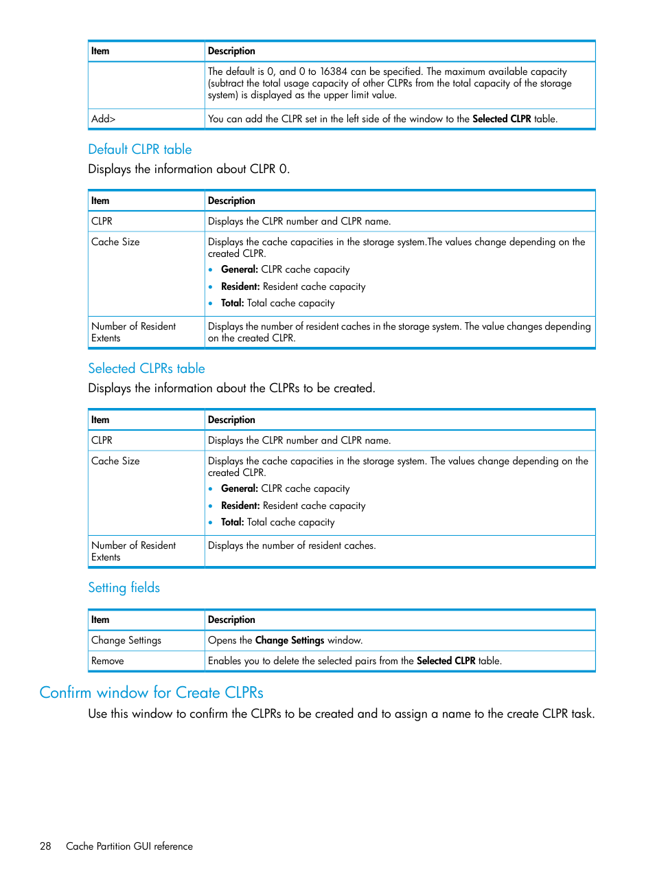 Confirm window for create clprs, Default clpr table, Selected clprs table | Setting fields | HP XP7 Storage User Manual | Page 28 / 42