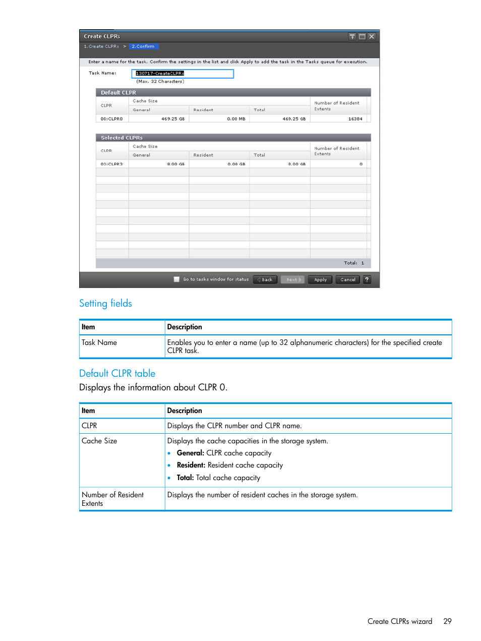 Setting fields, Default clpr table | HP XP7 Storage User Manual | Page 29 / 42