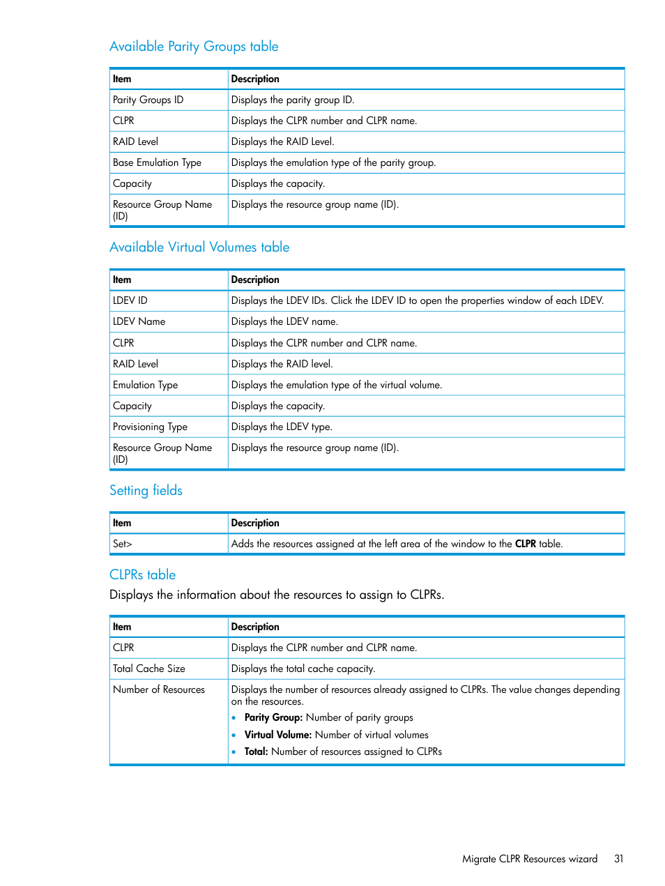 Available parity groups table, Available virtual volumes table, Setting fields | Clprs table | HP XP7 Storage User Manual | Page 31 / 42