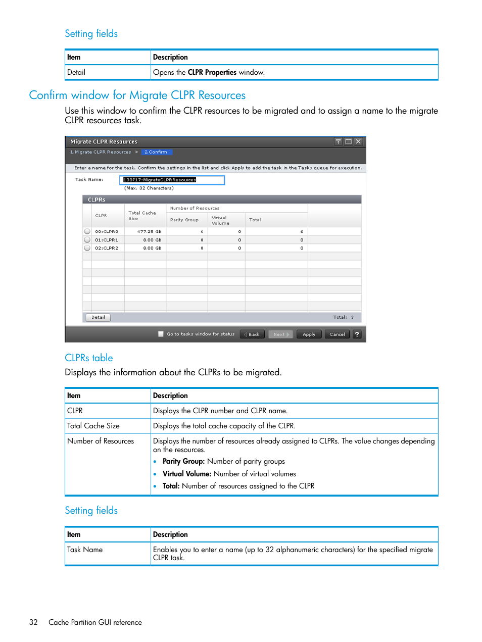 Confirm window for migrate clpr resources, Setting fields, Clprs table | HP XP7 Storage User Manual | Page 32 / 42