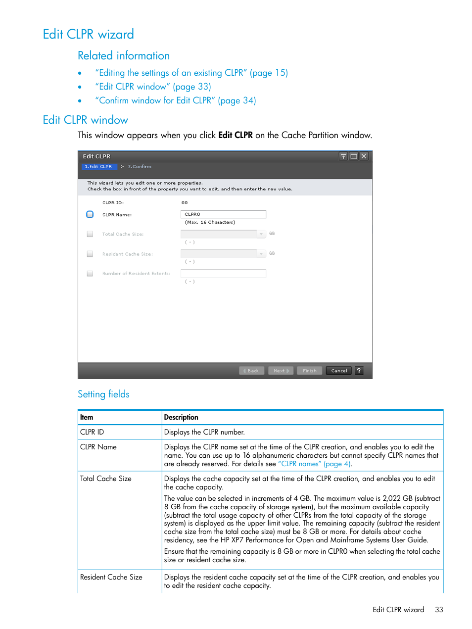 Edit clpr wizard, Edit clpr window, Related information | HP XP7 Storage User Manual | Page 33 / 42