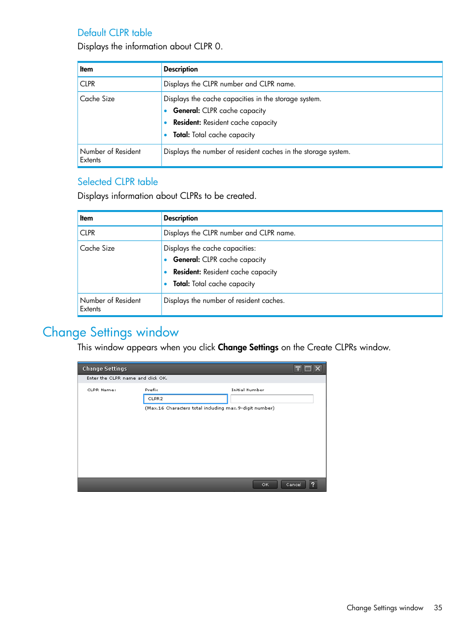Change settings window, Default clpr table, Selected clpr table | HP XP7 Storage User Manual | Page 35 / 42