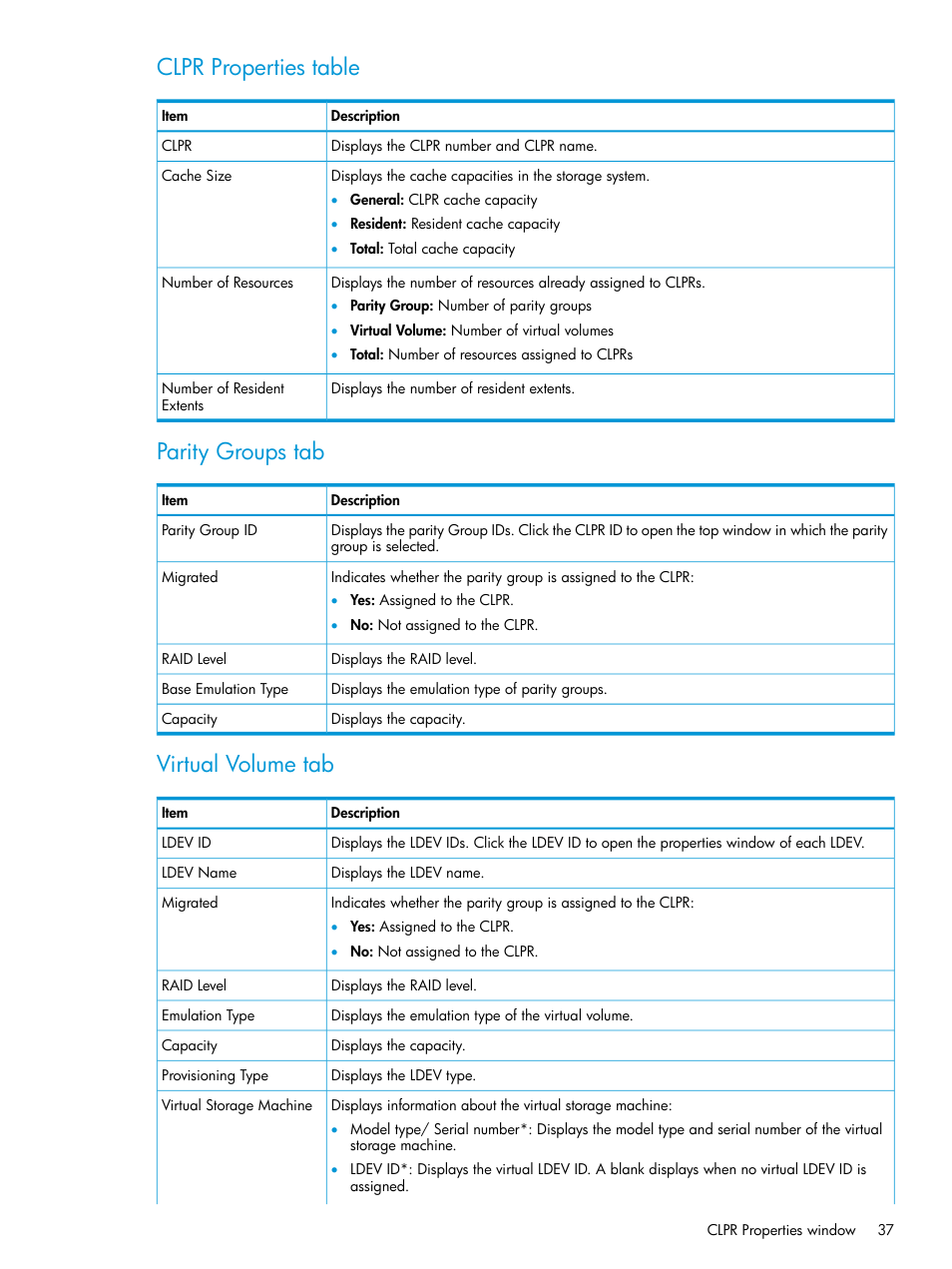 Clpr properties table, Parity groups tab, Virtual volume tab | HP XP7 Storage User Manual | Page 37 / 42