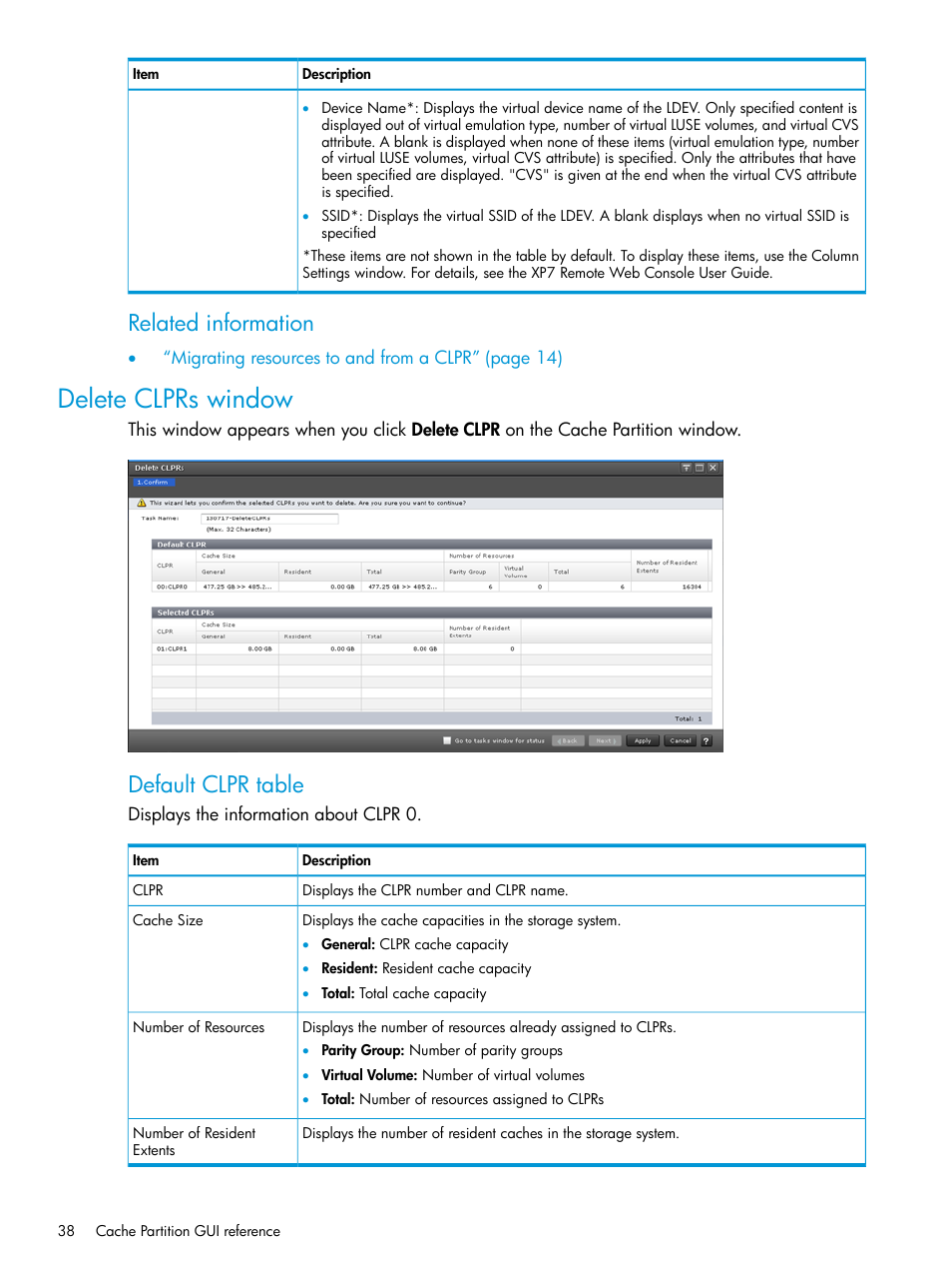 Delete clprs window, Related information, Default clpr table | HP XP7 Storage User Manual | Page 38 / 42