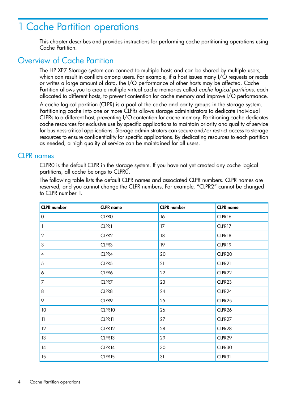 1 cache partition operations, Overview of cache partition, Clpr names | HP XP7 Storage User Manual | Page 4 / 42