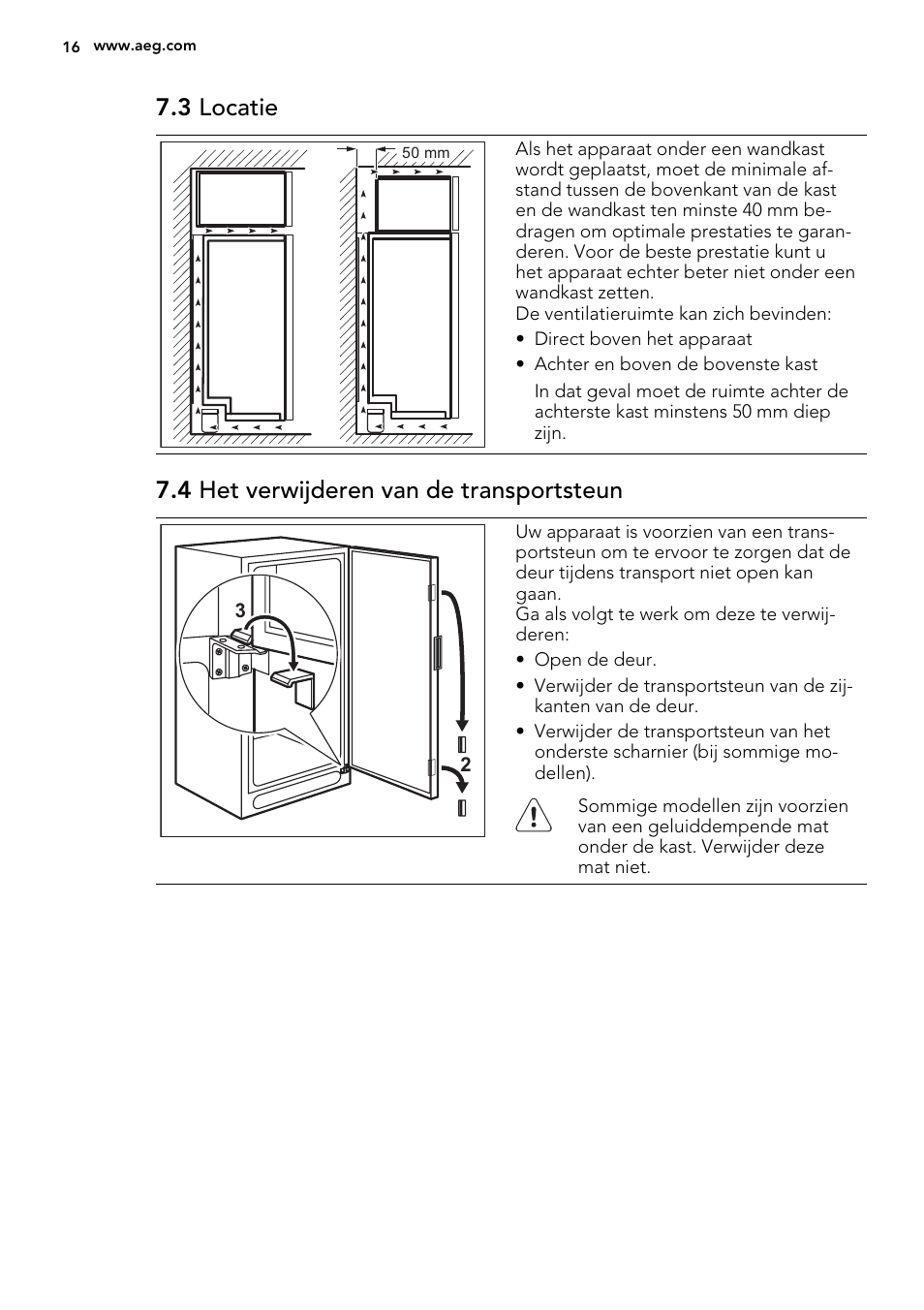 3 locatie, 4 het verwijderen van de transportsteun | AEG S73100KDX0 User Manual | Page 16 / 80