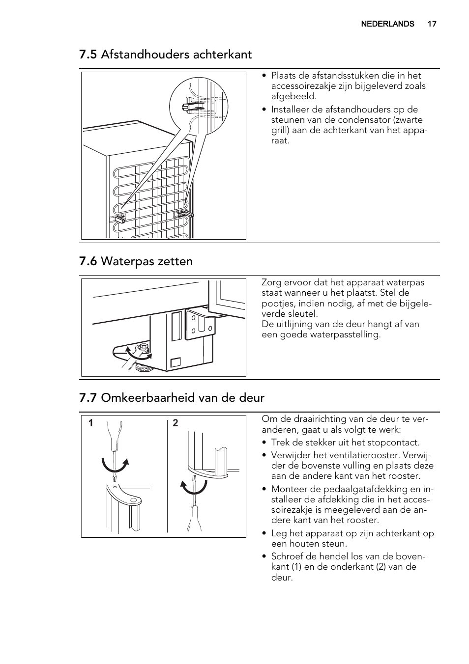 5 afstandhouders achterkant, 6 waterpas zetten, 7 omkeerbaarheid van de deur | AEG S73100KDX0 User Manual | Page 17 / 80