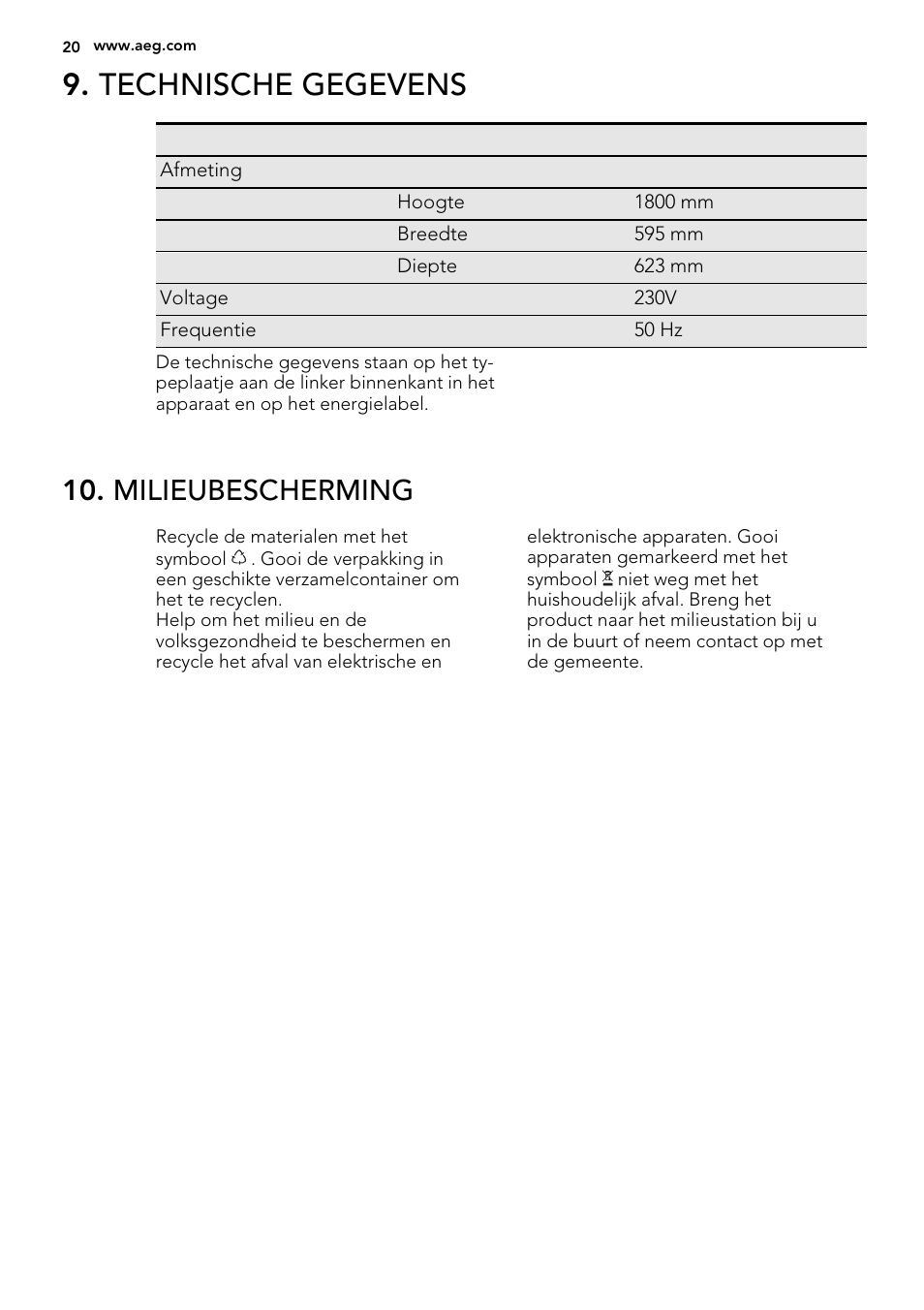 Technische gegevens, Milieubescherming | AEG S73100KDX0 User Manual | Page 20 / 80