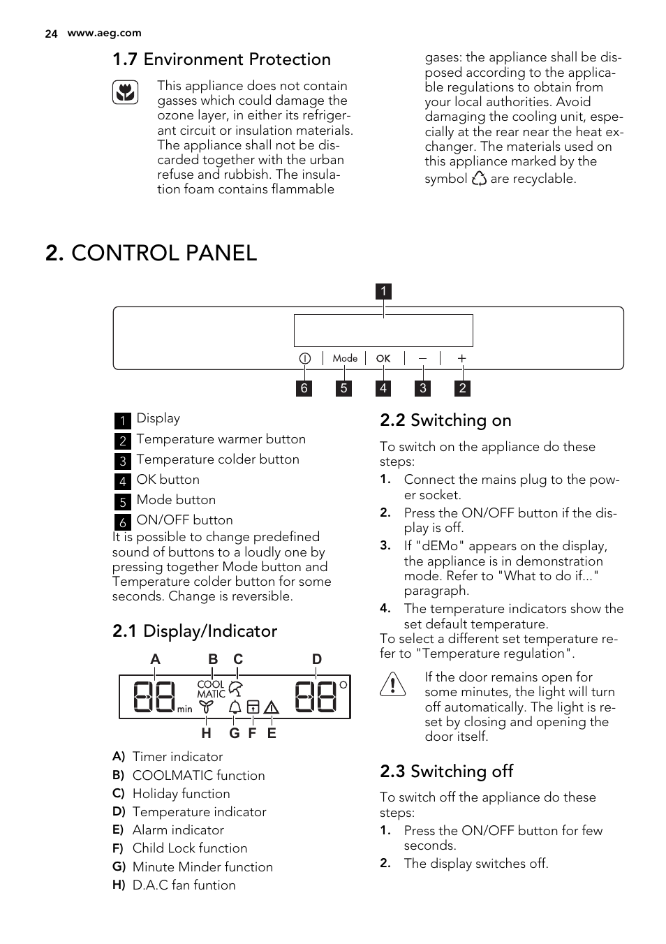 Control panel, 7 environment protection, 1 display/indicator | 2 switching on, 3 switching off | AEG S73100KDX0 User Manual | Page 24 / 80