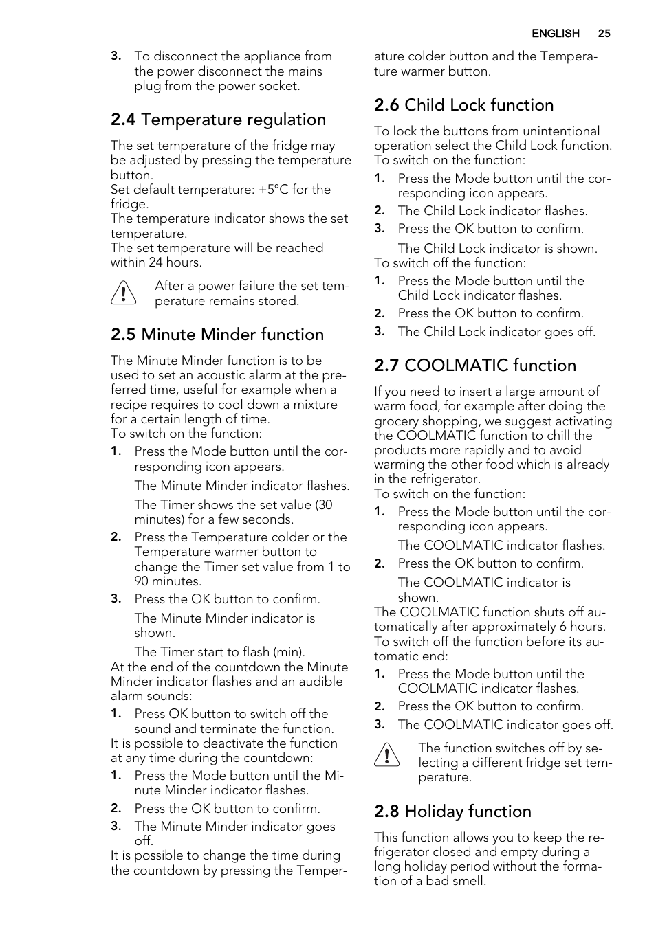 4 temperature regulation, 5 minute minder function, 6 child lock function | 7 coolmatic function, 8 holiday function | AEG S73100KDX0 User Manual | Page 25 / 80