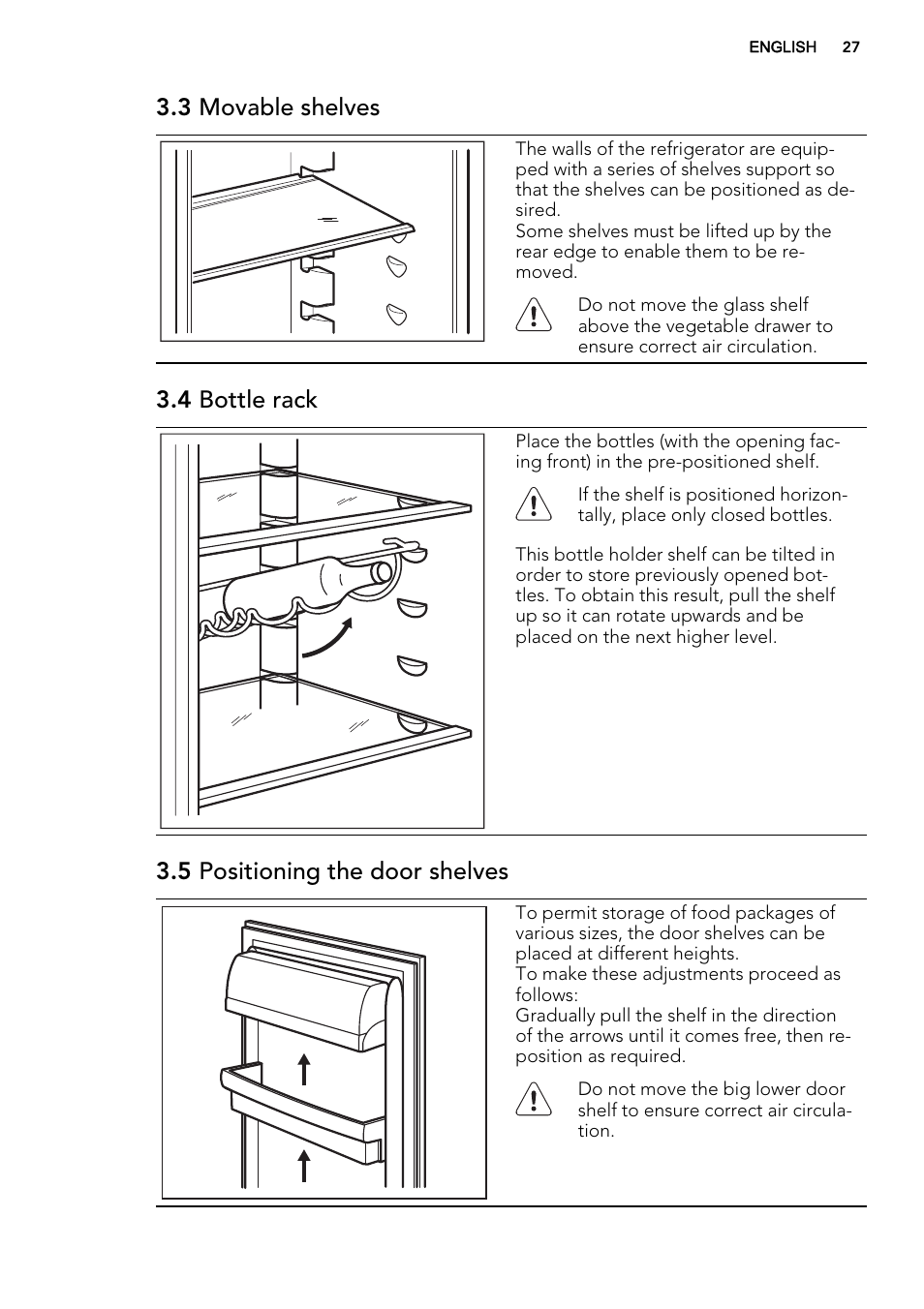 3 movable shelves, 4 bottle rack, 5 positioning the door shelves | AEG S73100KDX0 User Manual | Page 27 / 80