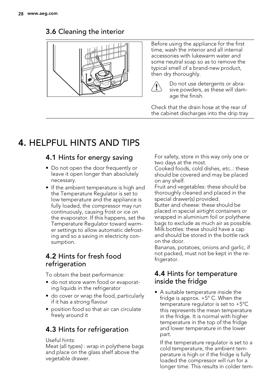 Helpful hints and tips, 6 cleaning the interior, 1 hints for energy saving | 2 hints for fresh food refrigeration, 3 hints for refrigeration, 4 hints for temperature inside the fridge | AEG S73100KDX0 User Manual | Page 28 / 80