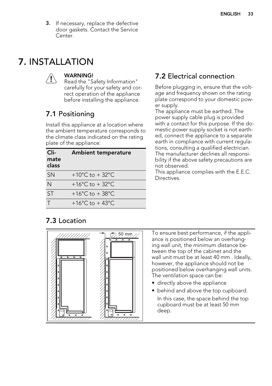 Installation, 1 positioning, 2 electrical connection | 3 location | AEG S73100KDX0 User Manual | Page 33 / 80