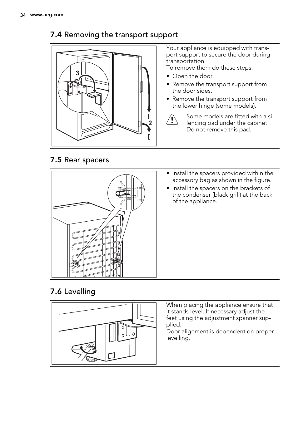 4 removing the transport support, 5 rear spacers, 6 levelling | AEG S73100KDX0 User Manual | Page 34 / 80