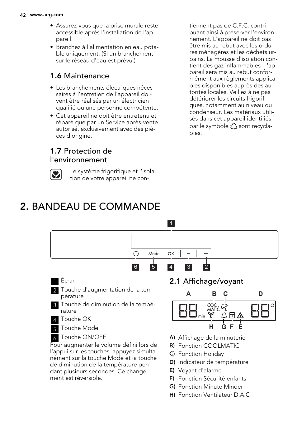 Bandeau de commande, 6 maintenance, 7 protection de l'environnement | 1 affichage/voyant | AEG S73100KDX0 User Manual | Page 42 / 80