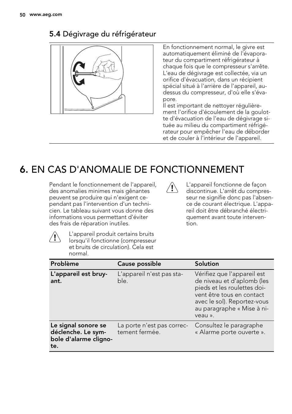 En cas d'anomalie de fonctionnement, 4 dégivrage du réfrigérateur | AEG S73100KDX0 User Manual | Page 50 / 80