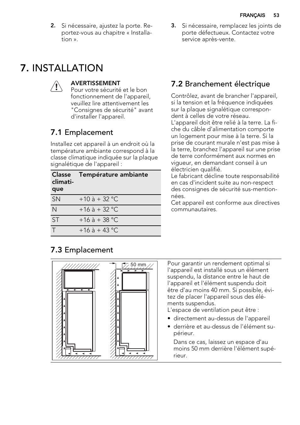 Installation, 1 emplacement, 2 branchement électrique | 3 emplacement | AEG S73100KDX0 User Manual | Page 53 / 80