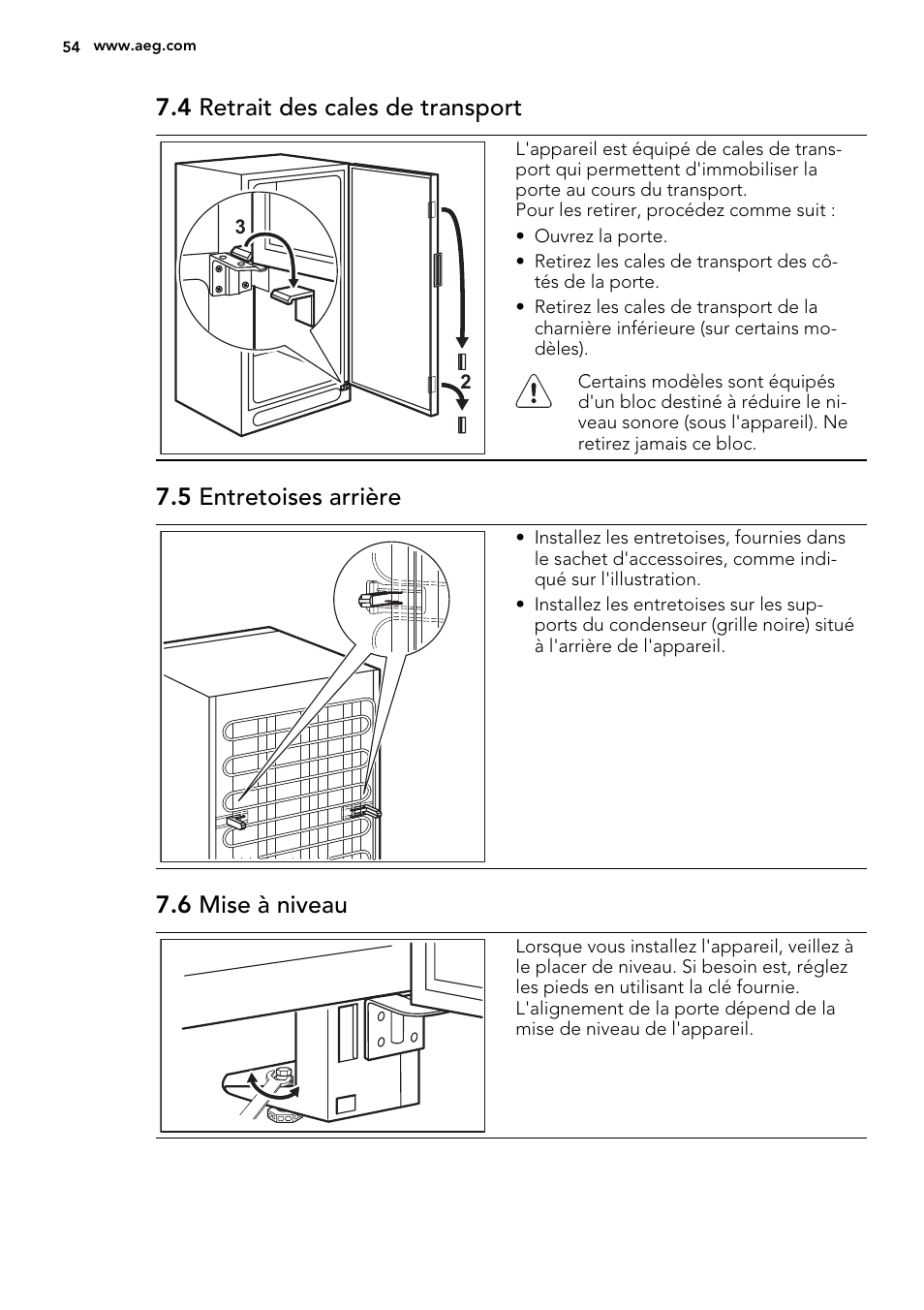 4 retrait des cales de transport, 5 entretoises arrière, 6 mise à niveau | AEG S73100KDX0 User Manual | Page 54 / 80