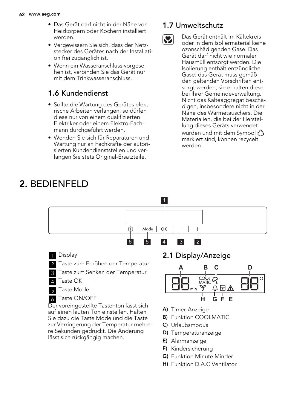 Bedienfeld, 6 kundendienst, 7 umweltschutz | 1 display/anzeige | AEG S73100KDX0 User Manual | Page 62 / 80