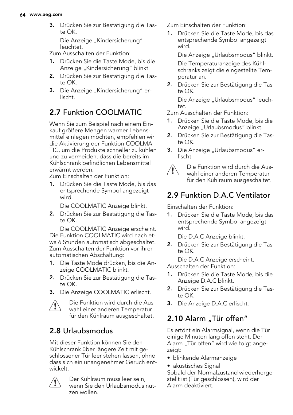 7 funktion coolmatic, 8 urlaubsmodus, 9 funktion d.a.c ventilator | 10 alarm „tür offen | AEG S73100KDX0 User Manual | Page 64 / 80